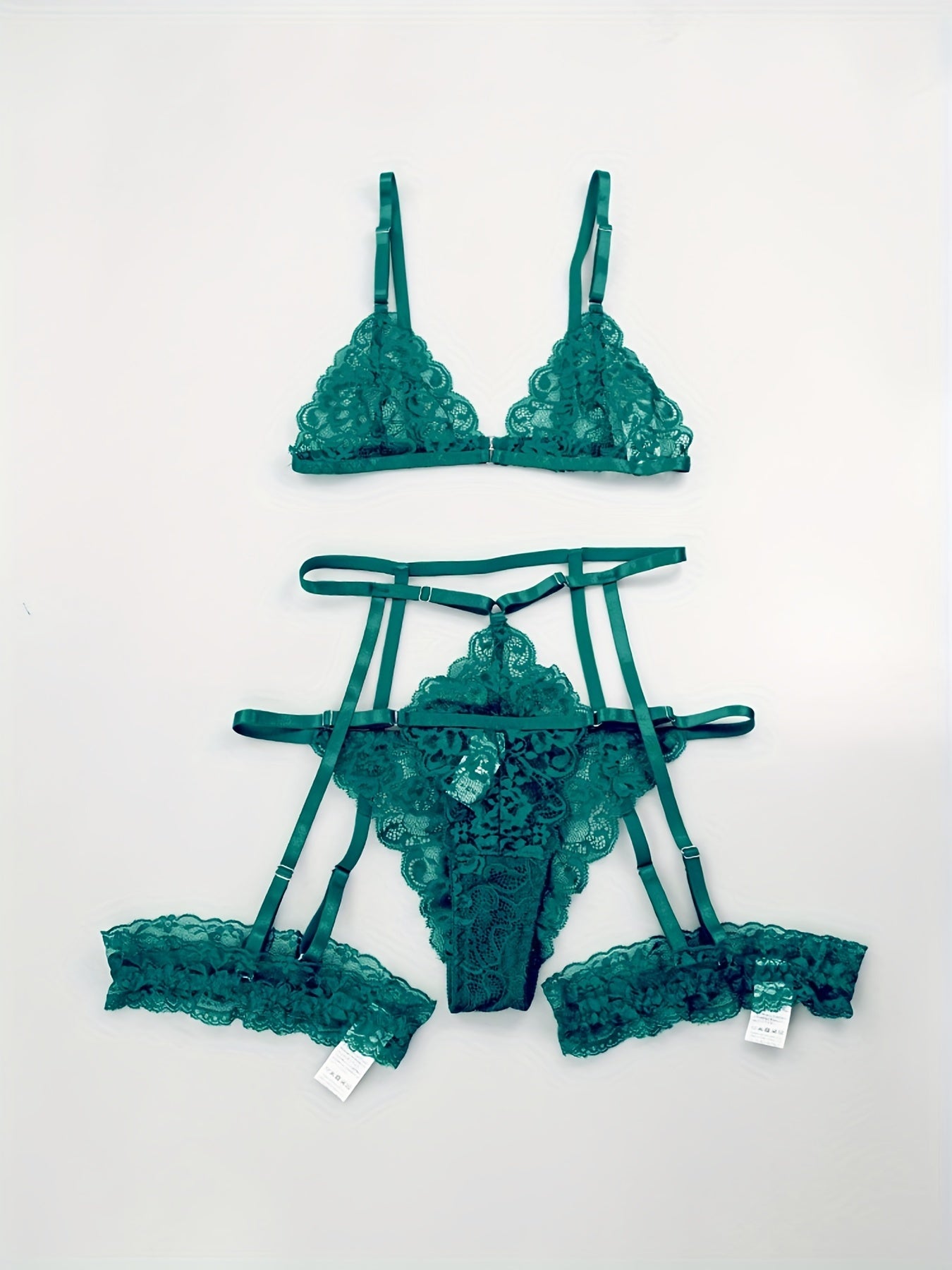 Sultry Floral Lace Lingerie Set - Sheer Bra, Garter Belt, G-String, Leg Ring - Women&