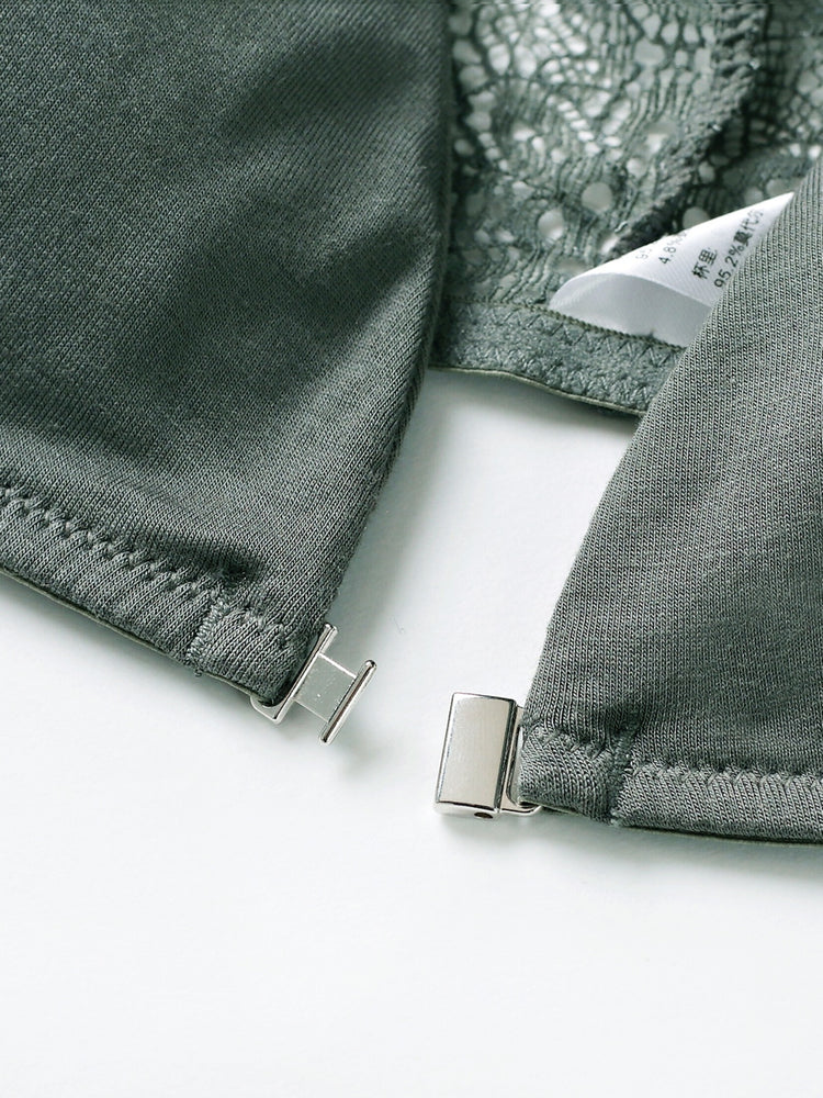 Triangle Cups Front Buckle Bras, Lace Stitching Beauty Back Bra With Removable Pads, Women&