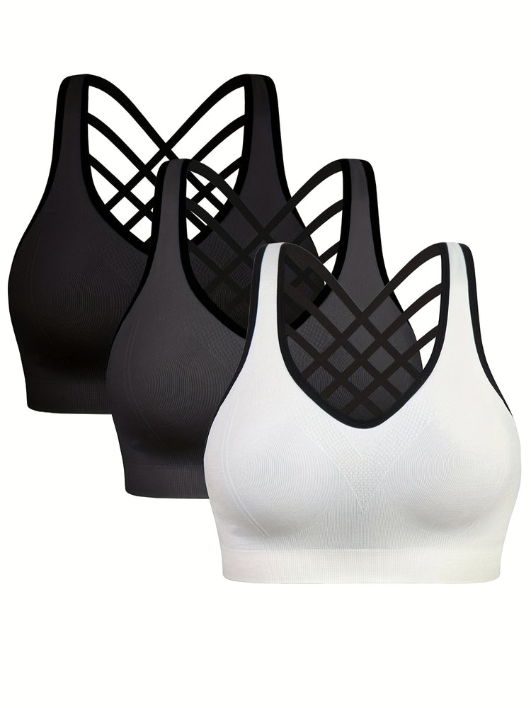 3pcs Criss Cross Back Sports Bras, Comfy & Breathable versatile Fitness Tank Bra, Women&