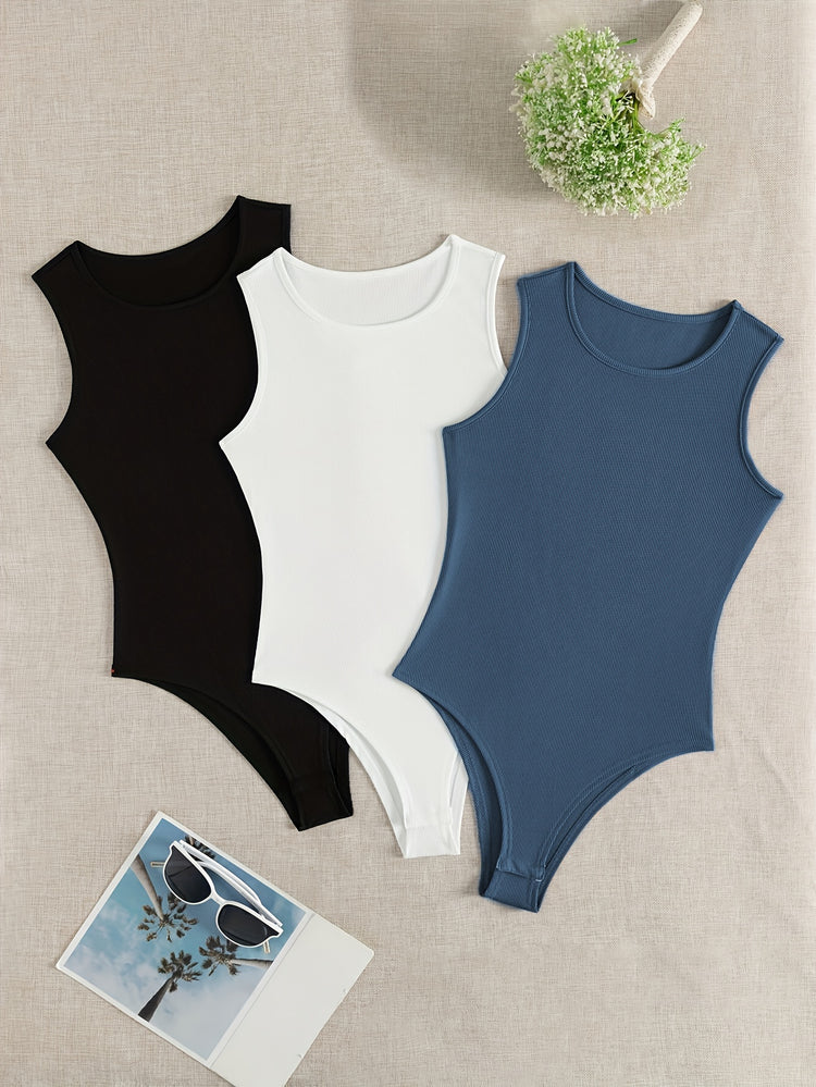 3-Pack Versatile Sleeveless Bodysuits for Women - Form-Fitting Crew Neck Design, Everyday Comfort & Style in a Bodycon Fit - Lena & Miles Exquisite Boutique LLC.