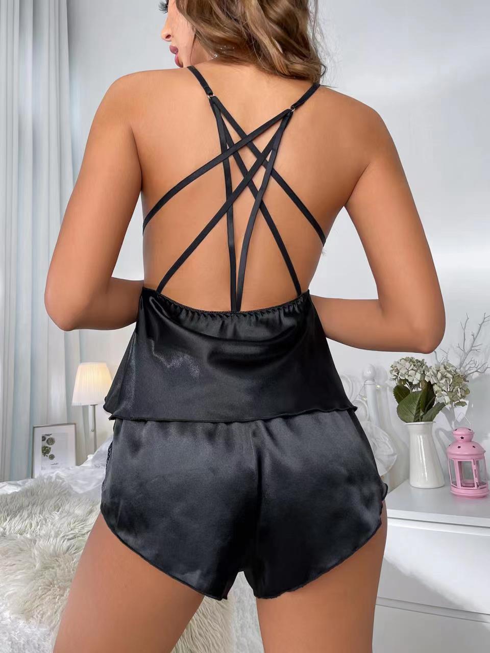 Sexy Satin Stitching V-Neck Pajama Set - Soft, Semi-Sheer, Micro Elasticity, Contrast Lace, Solid Color, Hand Wash Only - Valentines Day Beauty Back Lingerie & Sleepwear for Women - Lena & Miles Exquisite Boutique LLC.