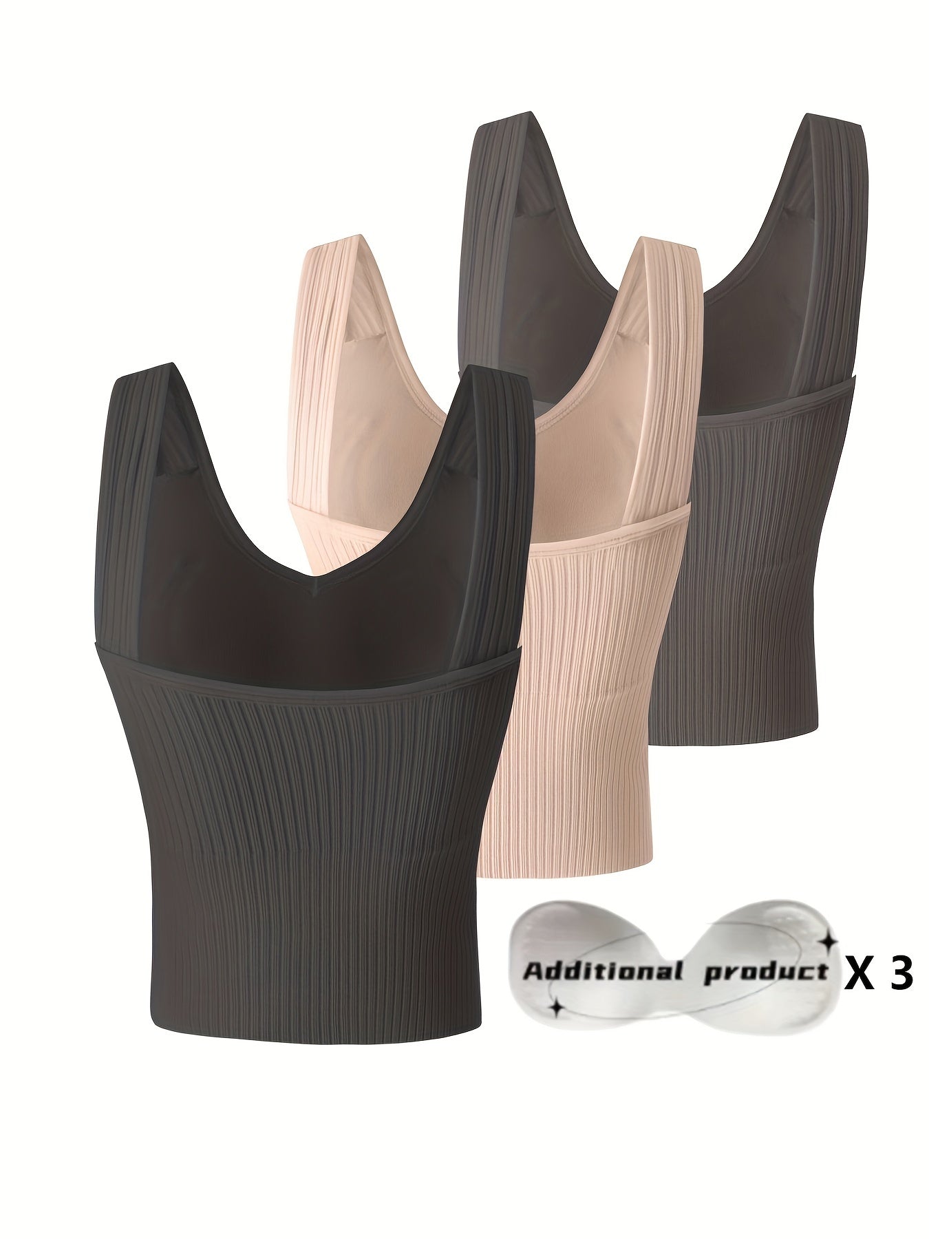 3pcs Comfortable Ribbed Tank Top - Wireless, Detachable Chest Pads, Breathable, Soft, and Seamless Lingerie & Underwear for Women - Casual, Everyday Wear - Lena & Miles Exquisite Boutique LLC.