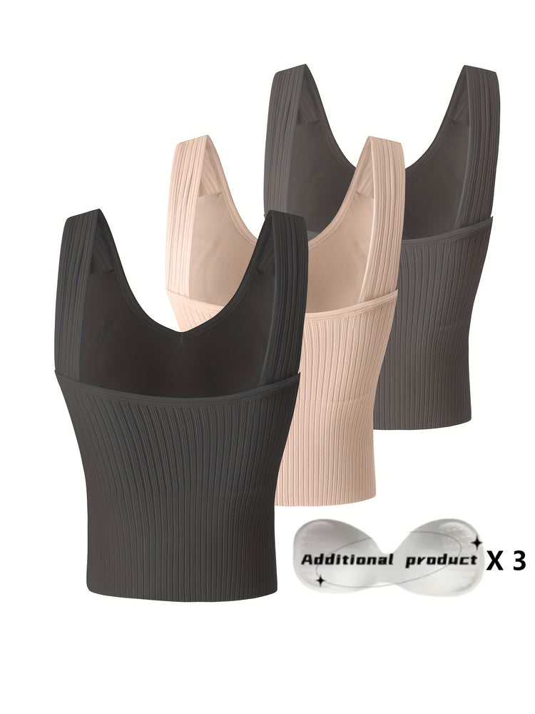 3pcs Comfortable Ribbed Tank Top - Wireless, Detachable Chest Pads, Breathable, Soft, and Seamless Lingerie & Underwear for Women - Casual, Everyday Wear - Lena & Miles Exquisite Boutique LLC.