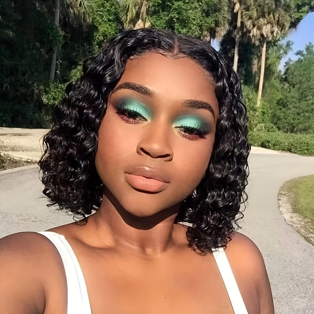 Beaushine Luxury Bob Human Hair Wigs - Short Water Wave Wet Wavy Style for Black Women - 10inch 13x4x1 Middle Part, Glueless Lace Closure, Pre-Plucked, 150% Density - Naturally Luscious and Easy to Style - Lena & Miles Exquisite Boutique LLC.