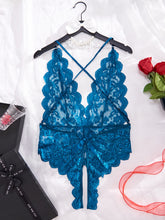 Plus Size Seductive Floral Lace Bodysuit - Plunging Halter Neck, Open Crotch, Medium Stretch, Sheer, Knit Fabric, Polyester Material - Sexy Lingerie for Women - Lena & Miles Exquisite Boutique LLC.