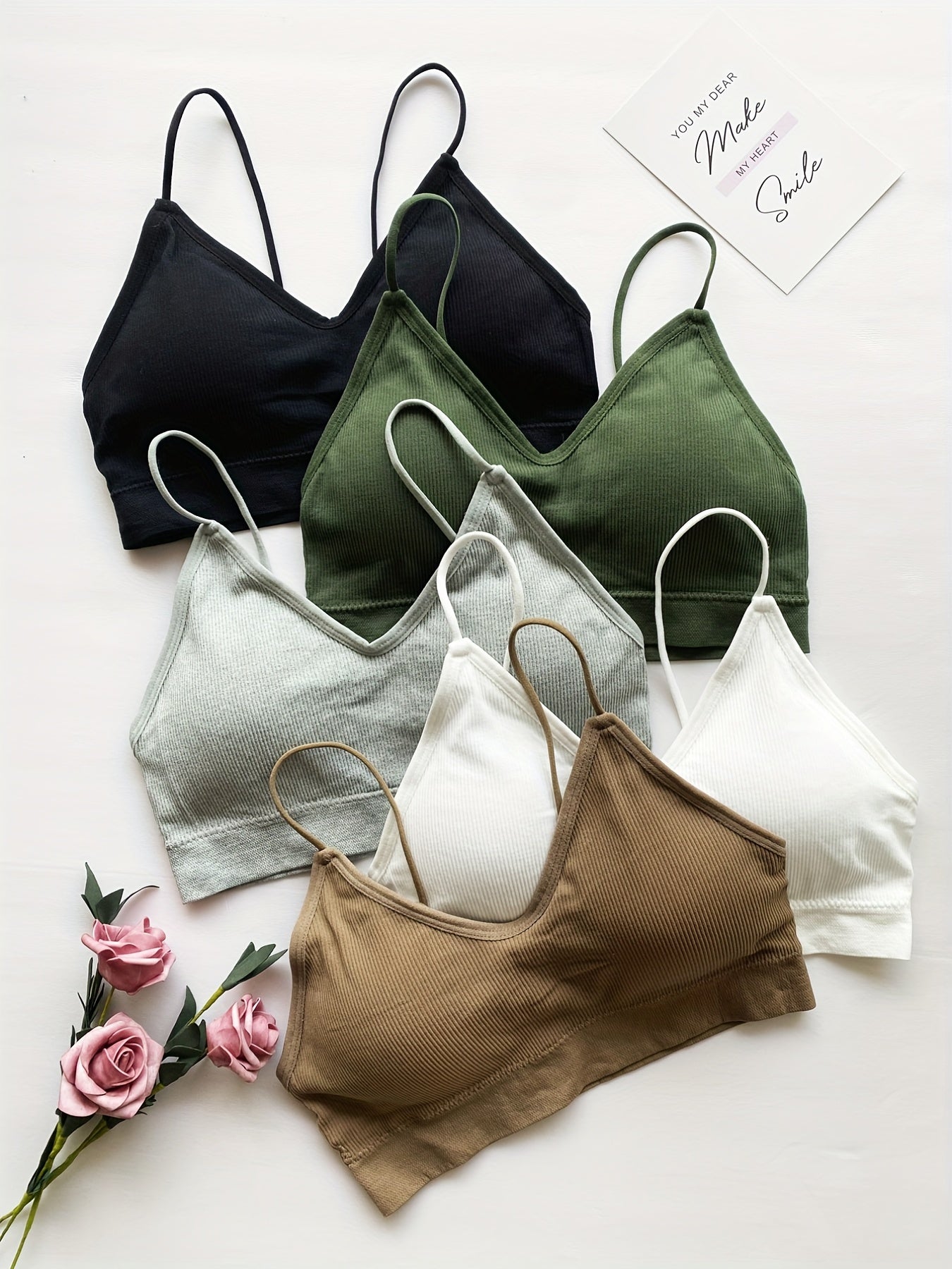 5pcs Soft Ribbed Bralettes, Comfort & Breathable Thin Strap Everyday Bra, Women&