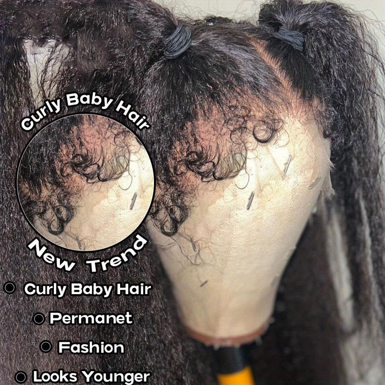 Kinky Straight 4C Edges Wig Human Hair 13x4 Lace Front Human Hair Wigs Yaki Straight Lace Front Wig For Women Brazilian Remy Human Hair Wig With Curly Baby Hair 18-30 Inch Natural Color - Lena & Miles Exquisite Boutique LLC.