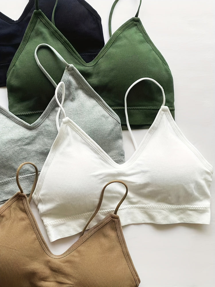 5pcs Soft Ribbed Bralettes, Comfort & Breathable Thin Strap Everyday Bra, Women&