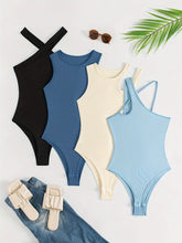 4 Pack Solid Bodysuits, Casual Asymmetrical Shoulder Bodysuits, Women&