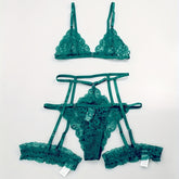Sultry Floral Lace Lingerie Set - Sheer Bra, Garter Belt, G-String, Leg Ring - Women&