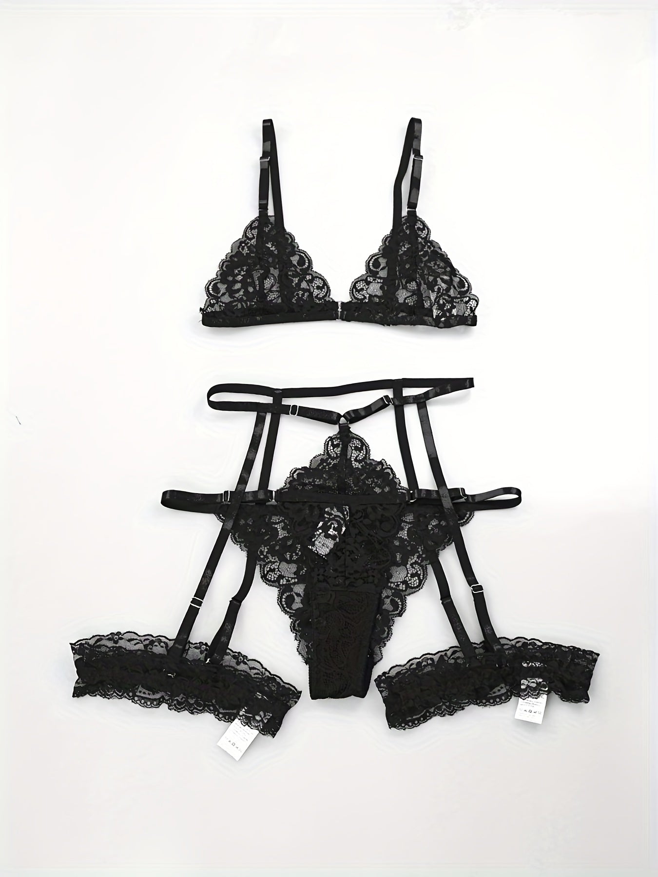 Sultry Floral Lace Lingerie Set - Sheer Bra, Garter Belt, G-String, Leg Ring - Women&