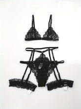 Sultry Floral Lace Lingerie Set - Sheer Bra, Garter Belt, G-String, Leg Ring - Women&