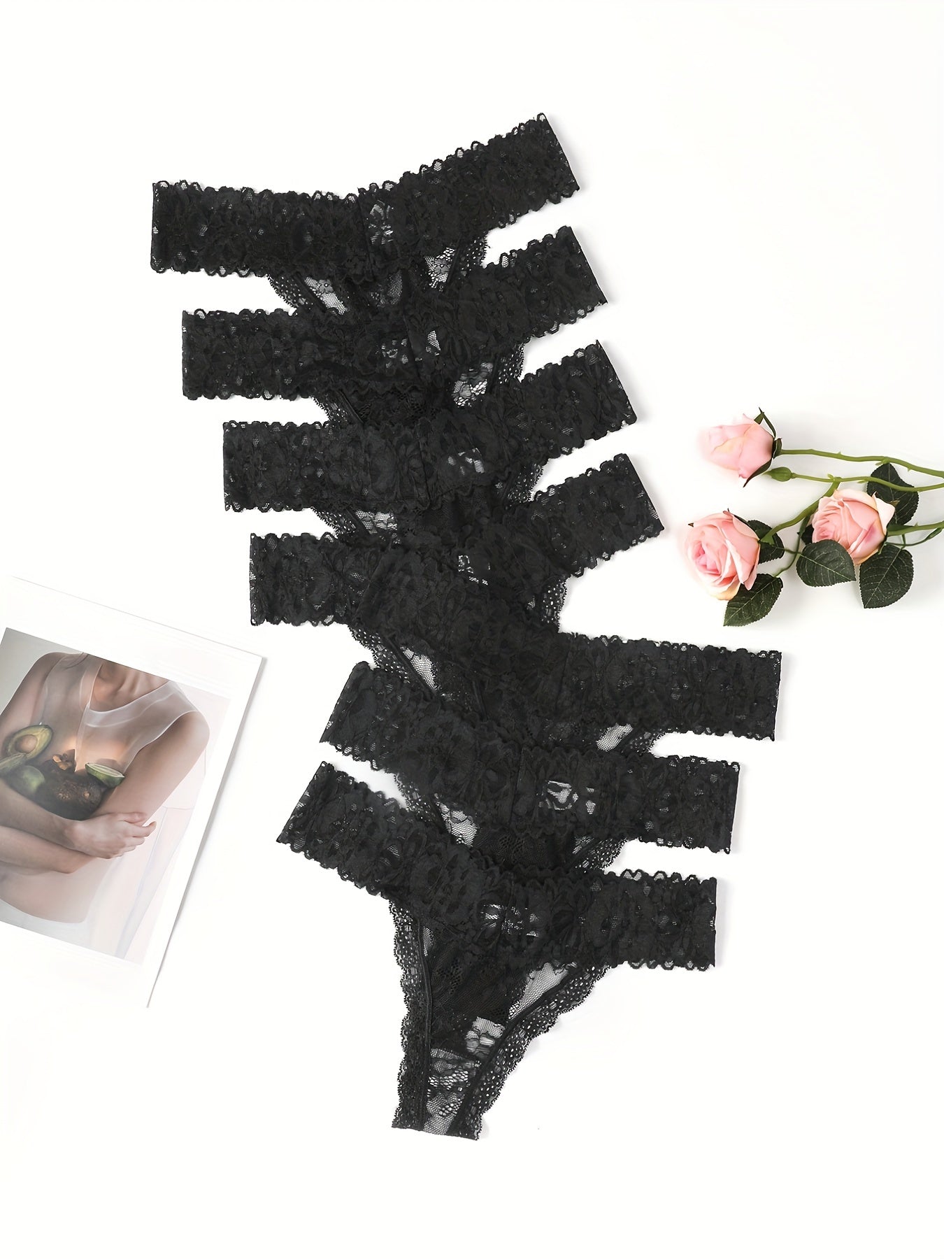 7pcs Floral Lace Cheeky Thongs, Sultry Semi-sheer Low Waist Panties, Women&