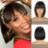 Bob Wig With Bangs - 12 Inch Black Mix Burgundy Wine-Red Blunt Cut Bob Wigs For Women, Highlight Short Straight Synthetic Daily Use Wigs - Lena & Miles Exquisite Boutique LLC.