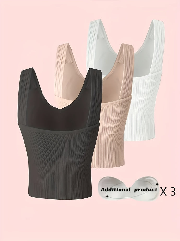 3pcs Comfortable Ribbed Tank Top - Wireless, Detachable Chest Pads, Breathable, Soft, and Seamless Lingerie & Underwear for Women - Casual, Everyday Wear - Lena & Miles Exquisite Boutique LLC.