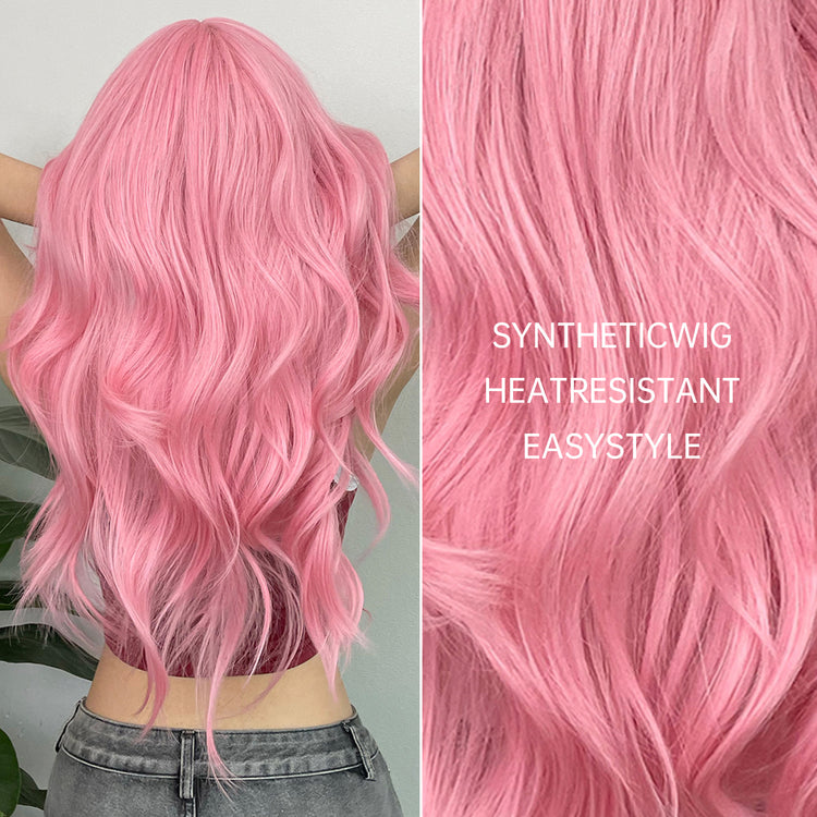 24 Inch Long, Coily, Heat Resistant Pink Body Wave Hair Wigs with Bangs - Synthetic Fiber, Fantasy Theme, Perfect for Daily, Party, Cosplay, Music Festival Use - High-Quality, Soft, Natural-Looking Hair for Women and Girls - Lena & Miles Exquisite Boutique LLC.