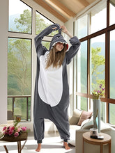 Christmas Cartoon Shark One Piece Pajama, Soft & Comfy Long Sleeve Hooded Pajama Jumpsuit, Women&