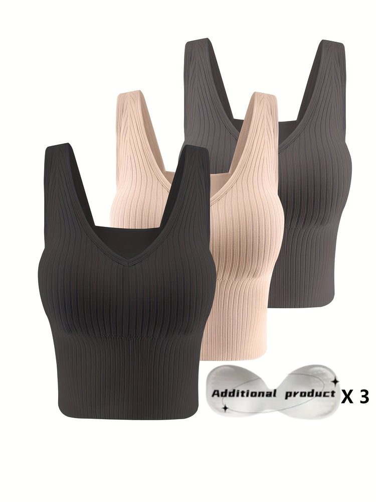3pcs Comfortable Ribbed Tank Top - Wireless, Detachable Chest Pads, Breathable, Soft, and Seamless Lingerie & Underwear for Women - Casual, Everyday Wear - Lena & Miles Exquisite Boutique LLC.
