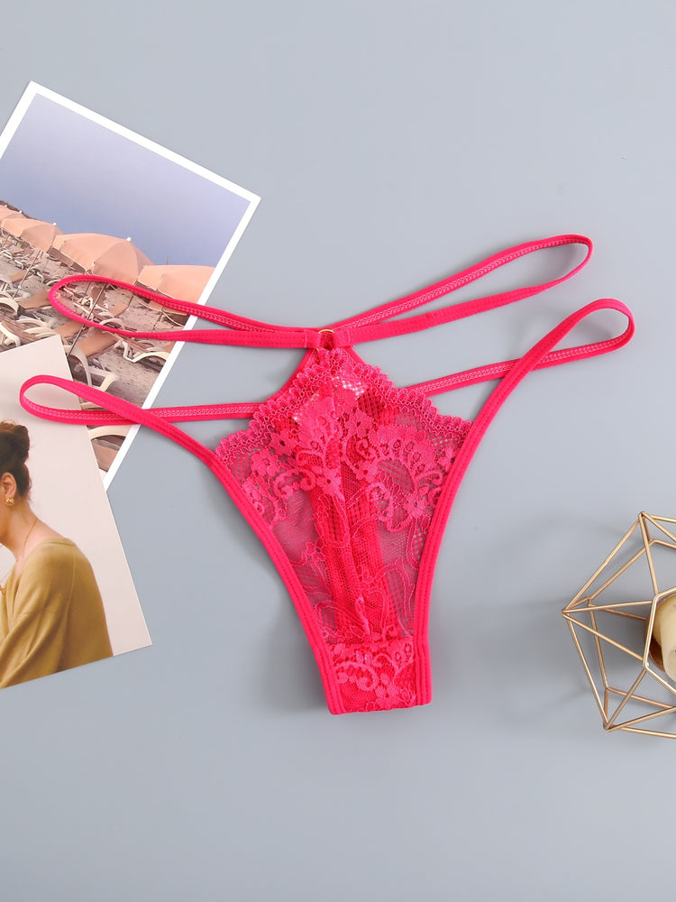 3pcs Cut-out Lace Thongs, Semi Sheer Thin Belt Intimates Panties, Women&