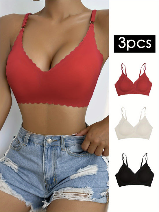 3pcs Wavy Trim Seamless Bralettes, Comfortable & Breathable Wireless Intimates Bras, Women&