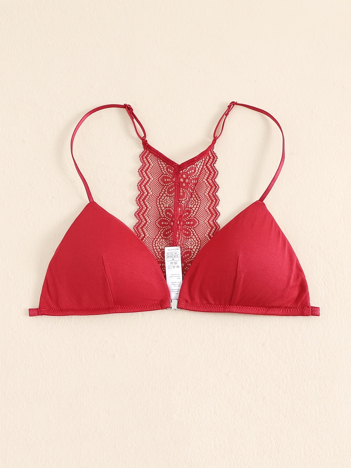 Triangle Cups Front Buckle Bras, Lace Stitching Beauty Back Bra With Removable Pads, Women&