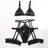 Sultry Floral Lace Lingerie Set - Sheer Bra, Garter Belt, G-String, Leg Ring - Women&