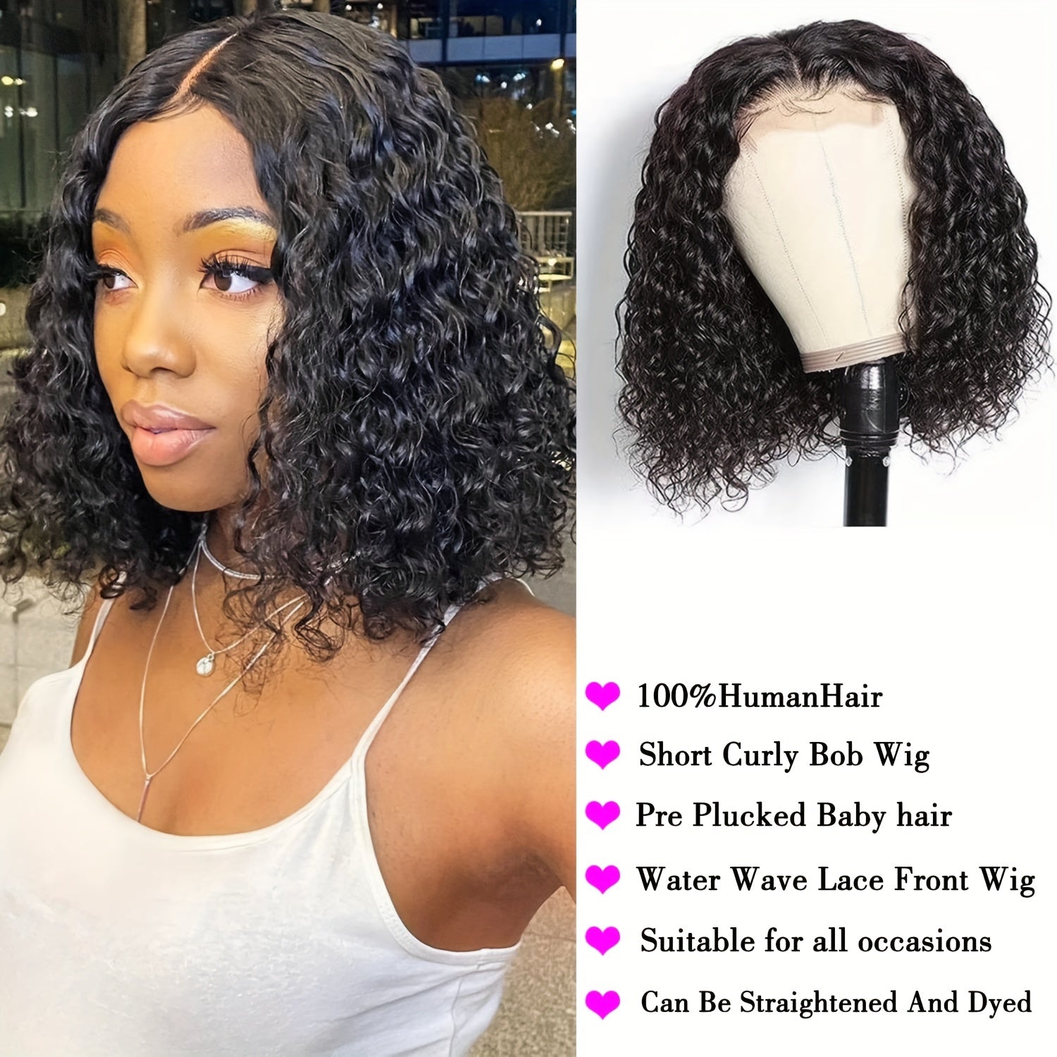 Beaushine Luxury Bob Human Hair Wigs - Short Water Wave Wet Wavy Style for Black Women - 10inch 13x4x1 Middle Part, Glueless Lace Closure, Pre-Plucked, 150% Density - Naturally Luscious and Easy to Style - Lena & Miles Exquisite Boutique LLC.