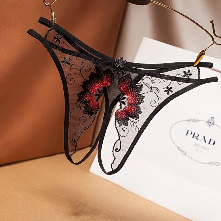 Delicate Floral Embroidered Mesh Thong Lingerie - Seductive Open Crotch & Ultra-Sheer Design - Breathable Womens Intimate Wear for Special Occasions - Lena & Miles Exquisite Boutique LLC.