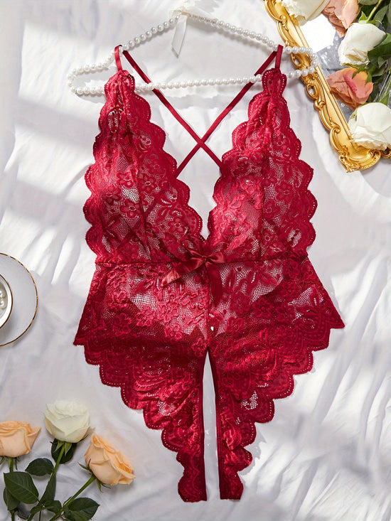 Plus Size Seductive Floral Lace Bodysuit - Plunging Halter Neck, Open Crotch, Medium Stretch, Sheer, Knit Fabric, Polyester Material - Sexy Lingerie for Women - Lena & Miles Exquisite Boutique LLC.