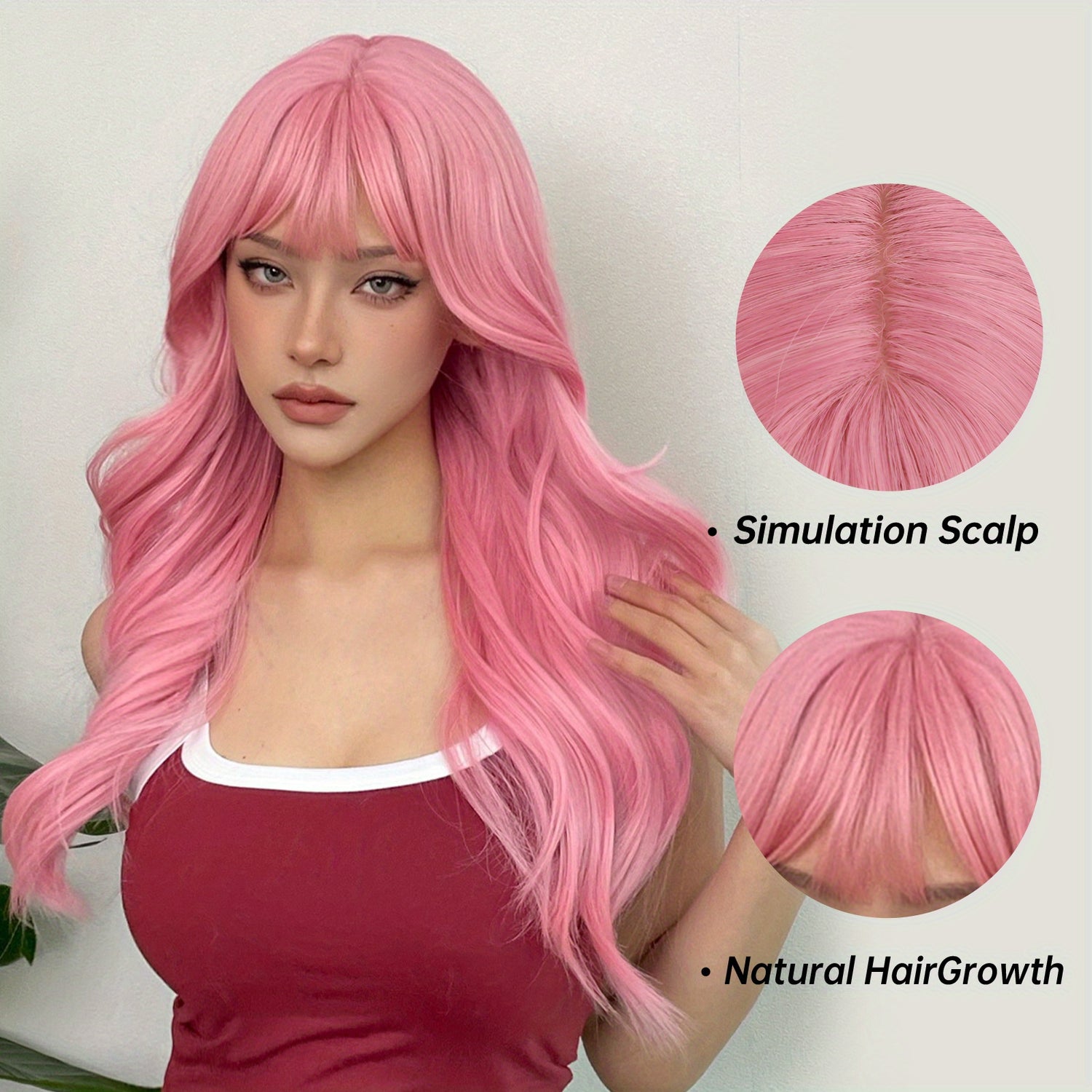 24 Inch Long, Coily, Heat Resistant Pink Body Wave Hair Wigs with Bangs - Synthetic Fiber, Fantasy Theme, Perfect for Daily, Party, Cosplay, Music Festival Use - High-Quality, Soft, Natural-Looking Hair for Women and Girls - Lena & Miles Exquisite Boutique LLC.