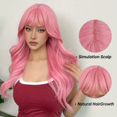 24 Inch Long, Coily, Heat Resistant Pink Body Wave Hair Wigs with Bangs - Synthetic Fiber, Fantasy Theme, Perfect for Daily, Party, Cosplay, Music Festival Use - High-Quality, Soft, Natural-Looking Hair for Women and Girls - Lena & Miles Exquisite Boutique LLC.