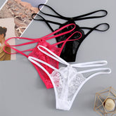 3pcs Cut-out Lace Thongs, Semi Sheer Thin Belt Intimates Panties, Women&