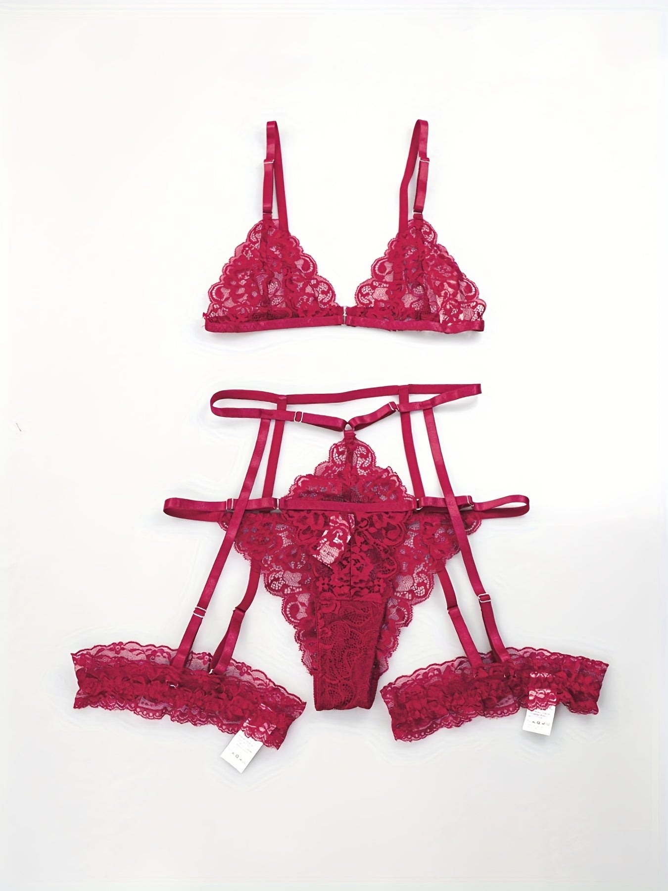 Sultry Floral Lace Lingerie Set - Sheer Bra, Garter Belt, G-String, Leg Ring - Women&