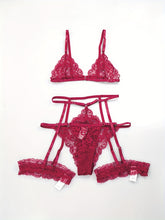 Sultry Floral Lace Lingerie Set - Sheer Bra, Garter Belt, G-String, Leg Ring - Women&