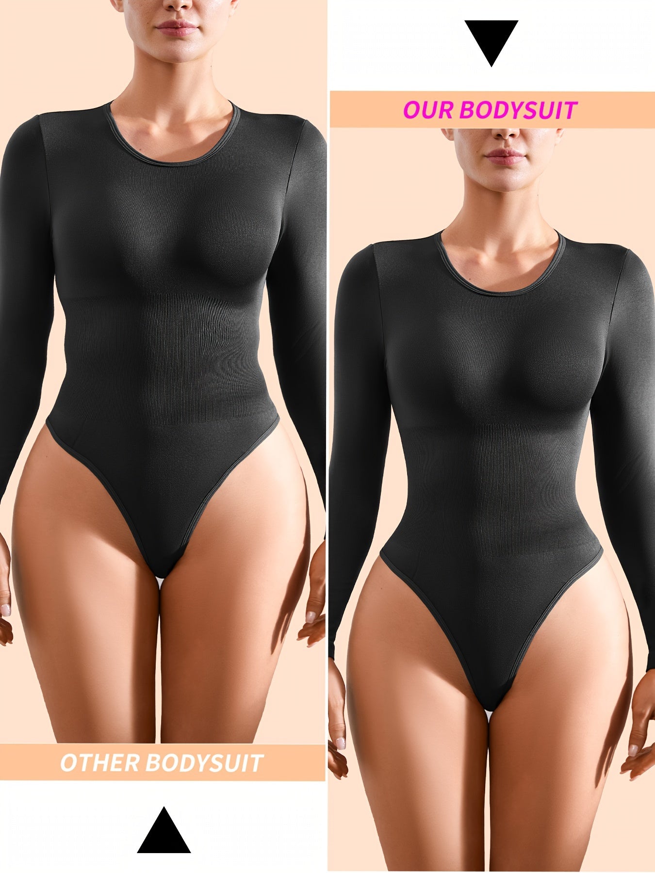 SHARICCA 2pcs Women Slimming Bodysuits Shapewear, Control Tummy Lift Butt Shaper, Seamless Long Sleeve Round Neck Body Suit Set For Women - Lena & Miles Exquisite Boutique LLC.