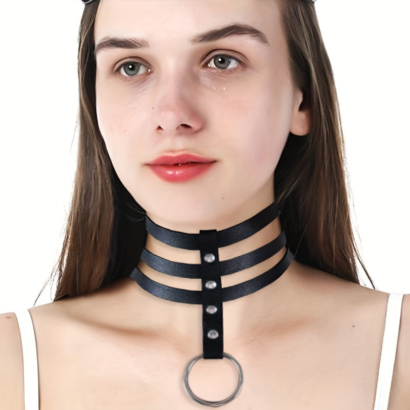 Punk Hollow Faux Leather Choker Necklace - Adjustable Three-Strap Design for a Customizable Fit, Premium Artificial Leather for a Luxurious Feel, Sexy Womens Lingerie and Underwear Accessory for a Romantic Evening or Night Ou - Lena & Miles Exquisite Boutique LLC.