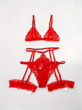 Sultry Floral Lace Lingerie Set - Sheer Bra, Garter Belt, G-String, Leg Ring - Women&