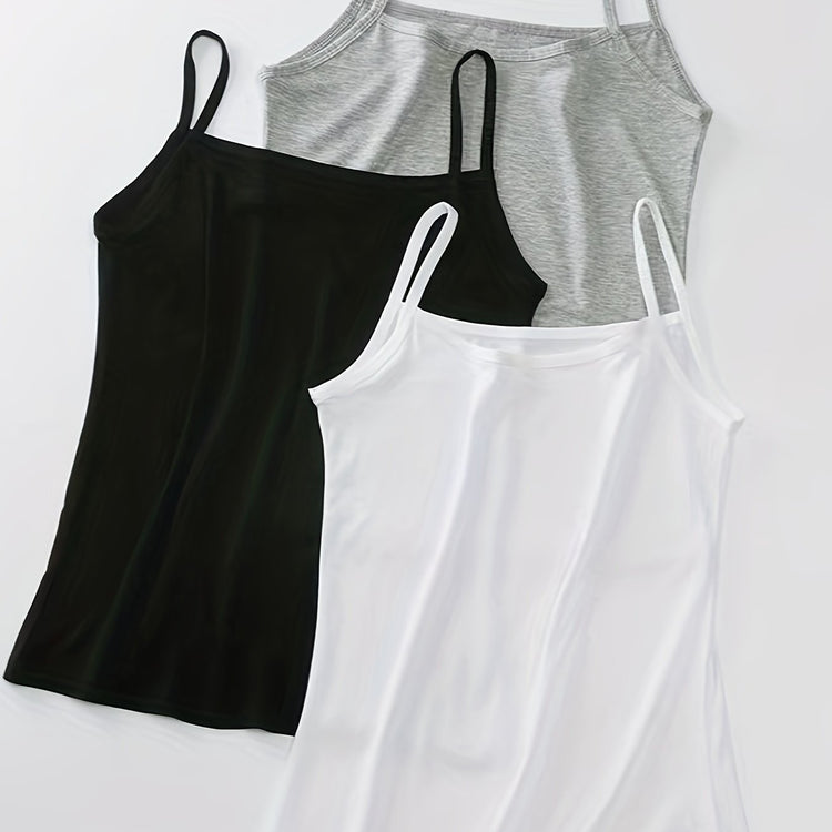 3 Sets Solid Cami Tops, Casual Comfy All-match Top, Women&