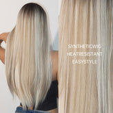 Champagne Blonde And Ivory White Mixed Wigs With Brown Gradient Color Hair Roots 28 Inch Long Straight Front Bangs Wigs Natural-looking Everyday Wigs Heat-resistant Synthetic Wigs Music Festival - Lena & Miles Exquisite Boutique LLC.