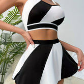 Sporty Halter Bra & Mini Skirt Lingerie Set - Colorblock, Women&