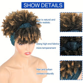 Headband Wigs For Women, Synthetic Short Afro Kinky Curly Wigs Dark Brown Wig With Bangs Wrap Wigs 2 In 1 Turban Wig Drawstring High Puff Wigs Headwrap Wigs With Headband Attached Updo Music Festival - Lena & Miles Exquisite Boutique LLC.