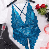 Plus Size Seductive Floral Lace Bodysuit - Plunging Halter Neck, Open Crotch, Medium Stretch, Sheer, Knit Fabric, Polyester Material - Sexy Lingerie for Women - Lena & Miles Exquisite Boutique LLC.