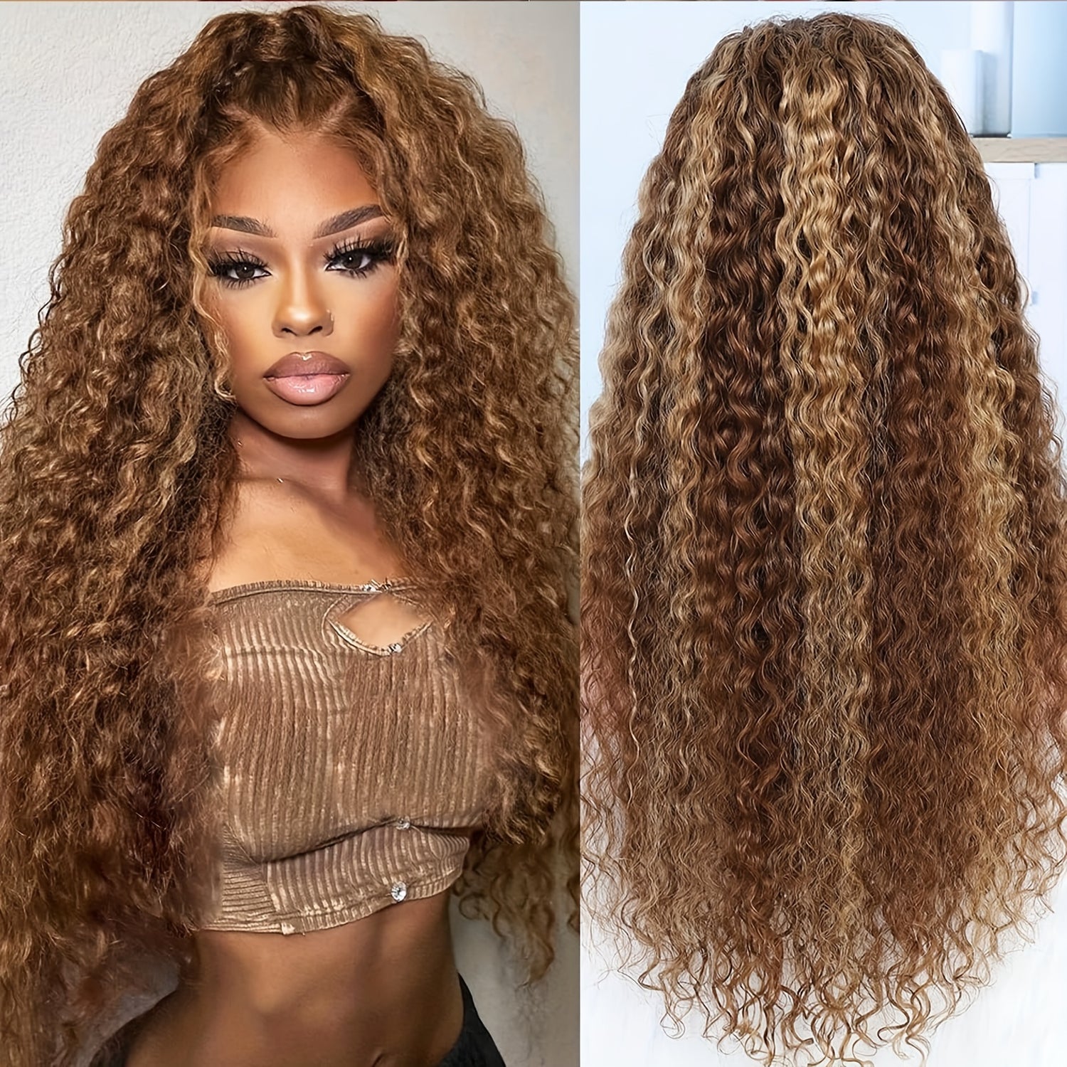 Highlight Ombre 13x4 Lace Front Wig Human Hair Pre Plucked HD Transparent 4/27 Honey Blonde Lace Frontal Wigs With Baby Hair 200% Density Colored Water Wave Lace Front Wig Human Hair For Women - Lena & Miles Exquisite Boutique LLC.
