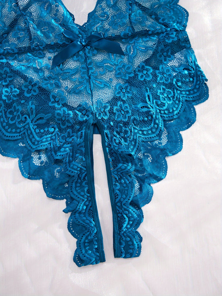 Plus Size Seductive Floral Lace Bodysuit - Plunging Halter Neck, Open Crotch, Medium Stretch, Sheer, Knit Fabric, Polyester Material - Sexy Lingerie for Women - Lena & Miles Exquisite Boutique LLC.