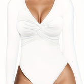 Bodysuits For Women Deep V Neck Twist Knot Fitted Long Sleeve Bodysuit Basic Tops Casual - Lena & Miles Exquisite Boutique LLC.