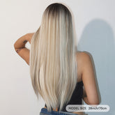 Champagne Blonde And Ivory White Mixed Wigs With Brown Gradient Color Hair Roots 28 Inch Long Straight Front Bangs Wigs Natural-looking Everyday Wigs Heat-resistant Synthetic Wigs Music Festival - Lena & Miles Exquisite Boutique LLC.