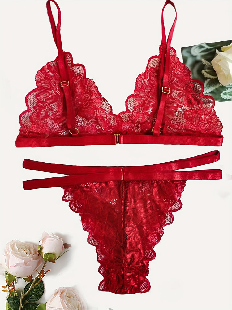 Sexy Floral Lace Lingerie Set - Triangle Cups Plunge Bra, Semi-Sheer Panties, Adjustable Straps, Comfortable Fit - Womens Romantic Underwear for Date Night or Special Occasions - Lena & Miles Exquisite Boutique LLC.