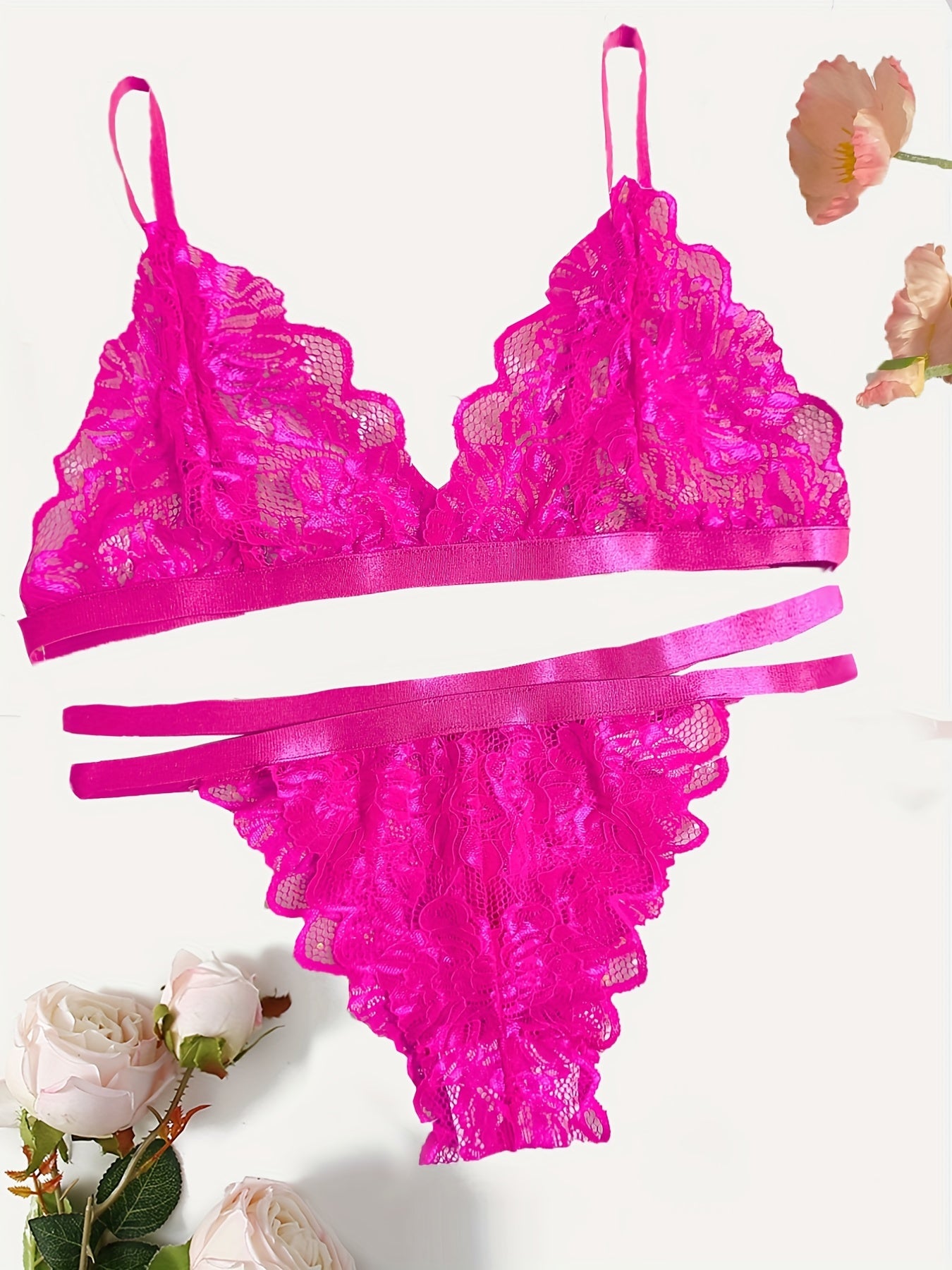 Sexy Floral Lace Lingerie Set - Triangle Cups Plunge Bra, Semi-Sheer Panties, Adjustable Straps, Comfortable Fit - Womens Romantic Underwear for Date Night or Special Occasions - Lena & Miles Exquisite Boutique LLC.