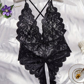 Plus Size Seductive Floral Lace Bodysuit - Plunging Halter Neck, Open Crotch, Medium Stretch, Sheer, Knit Fabric, Polyester Material - Sexy Lingerie for Women - Lena & Miles Exquisite Boutique LLC.