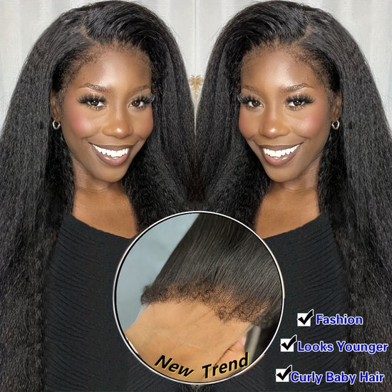 Kinky Straight 4C Edges Wig Human Hair 13x4 Lace Front Human Hair Wigs Yaki Straight Lace Front Wig For Women Brazilian Remy Human Hair Wig With Curly Baby Hair 18-30 Inch Natural Color - Lena & Miles Exquisite Boutique LLC.